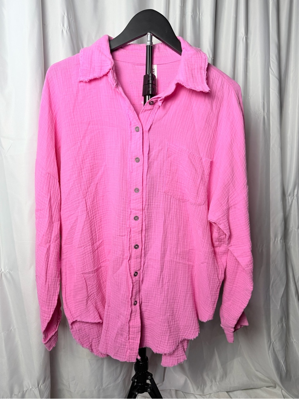 Zenana Textured Button-Up Shirt – Small – Pink